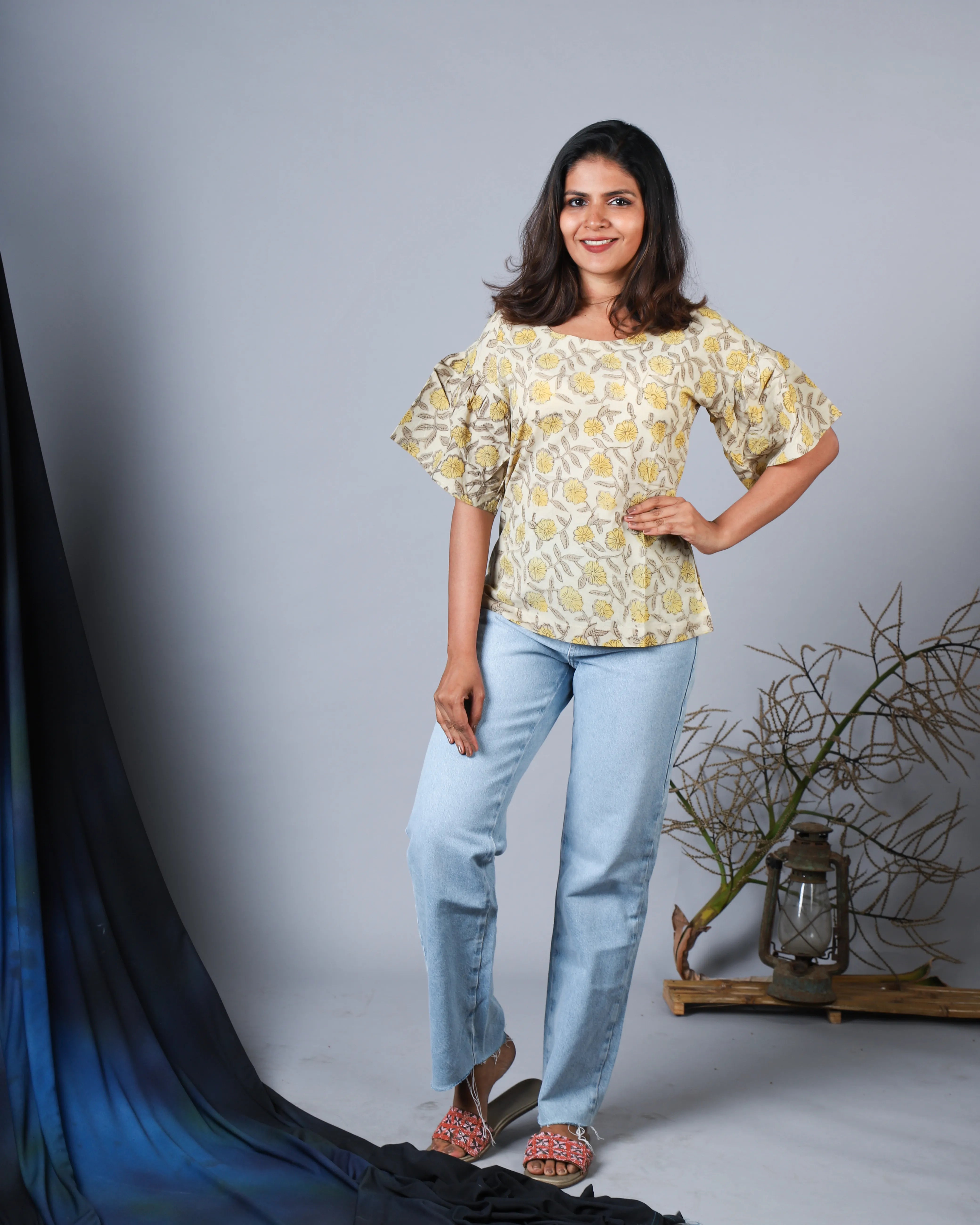 Katun Tanaya Collection - Block Print with Boat Neck & Gathered Sleeves