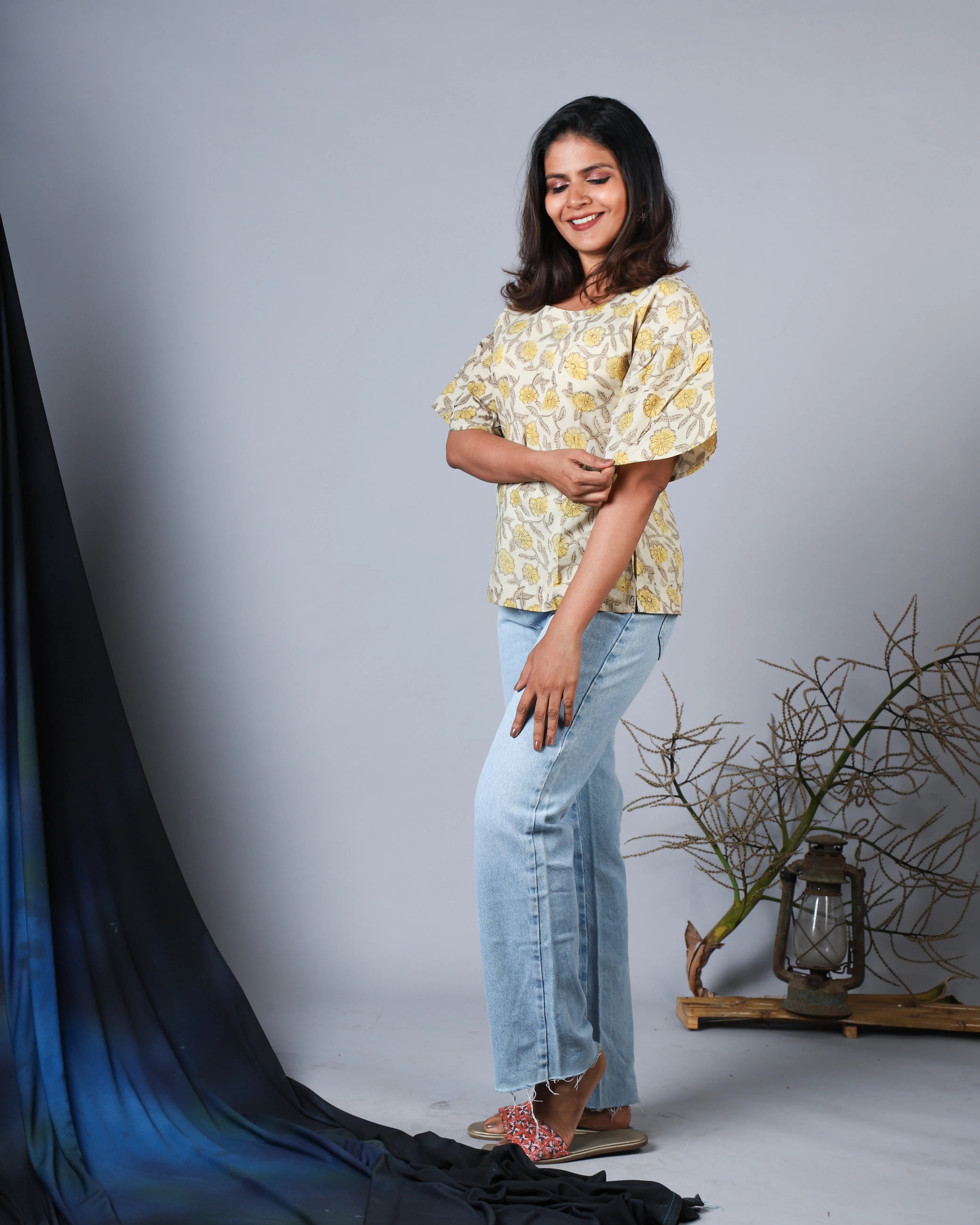 Katun Tanaya Collection - Block Print with Boat Neck & Gathered Sleeves