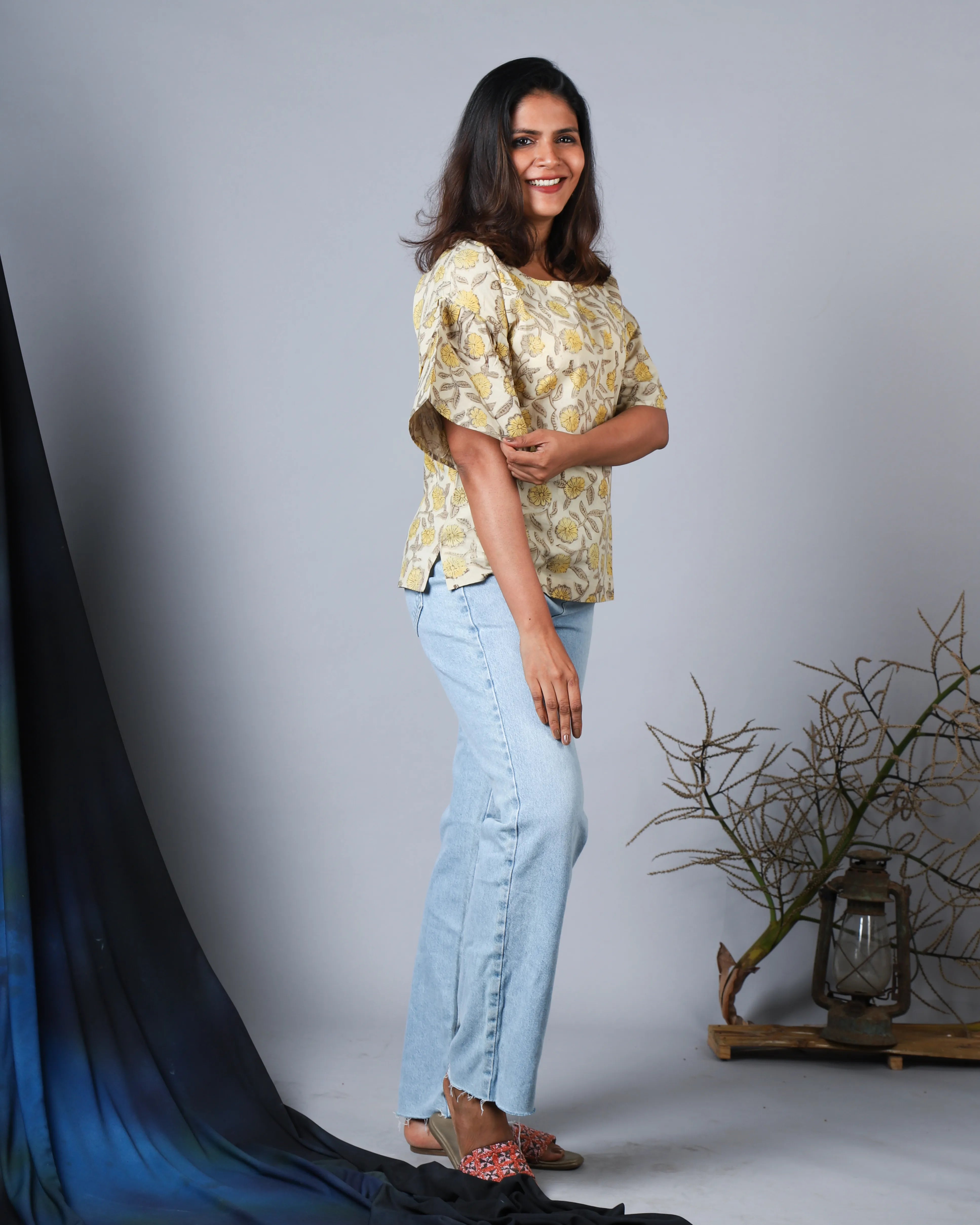 Katun Tanaya Collection - Block Print with Boat Neck & Gathered Sleeves