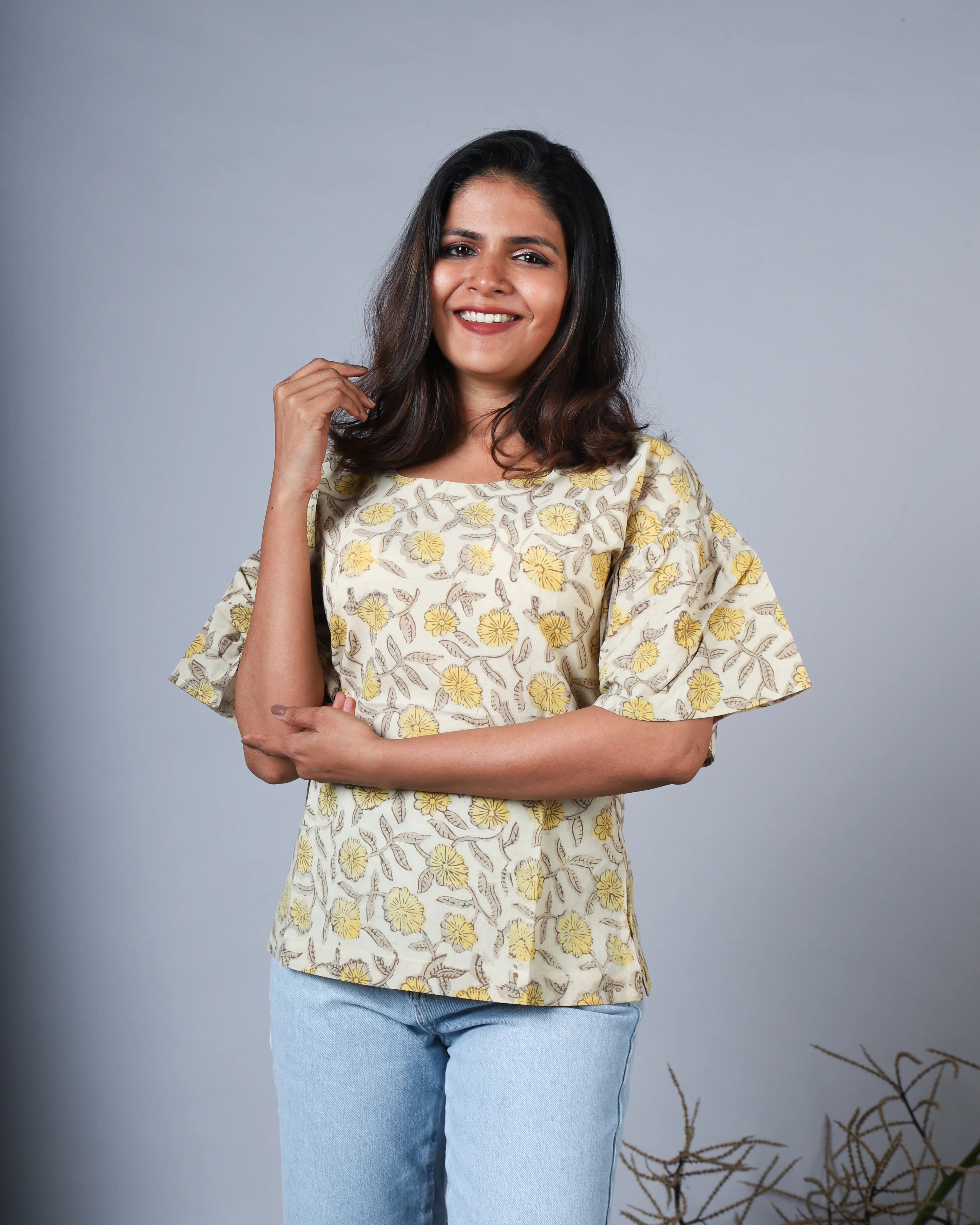 Katun Tanaya Collection - Block Print with Boat Neck & Gathered Sleeves