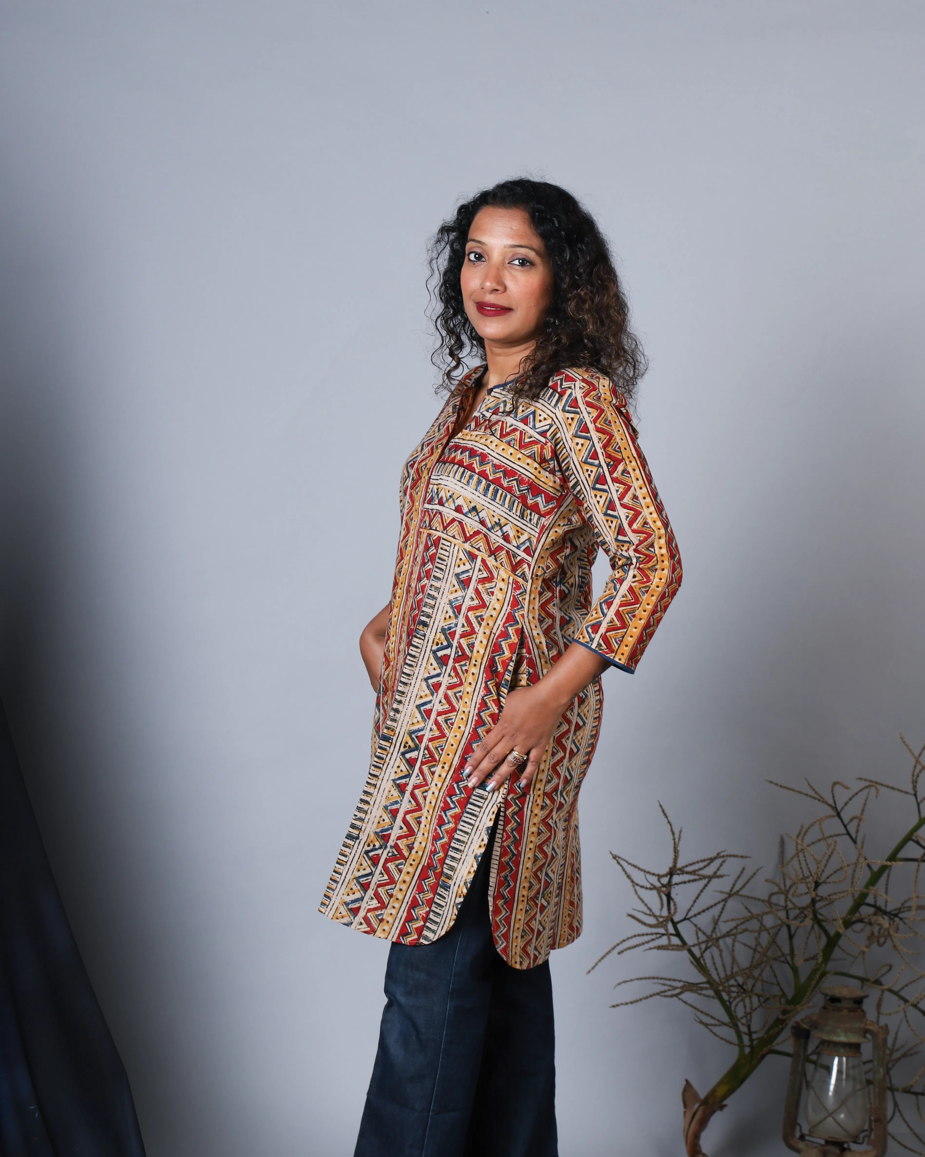 Katun Chaitra Collection - Kalamkari Block Print Cotton Tunic with Wooden Buttons