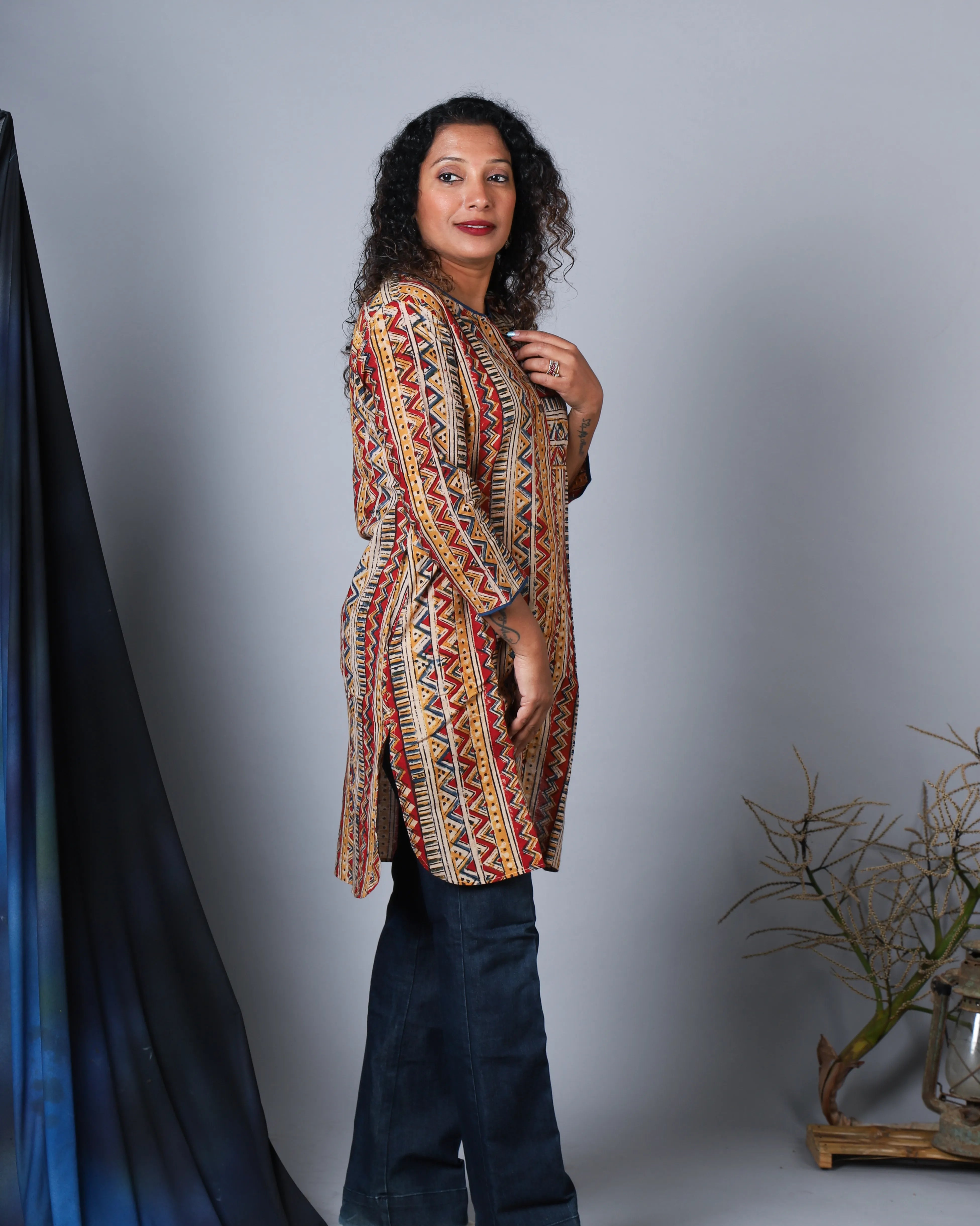 Katun Chaitra Collection - Kalamkari Block Print Cotton Tunic with Wooden Buttons