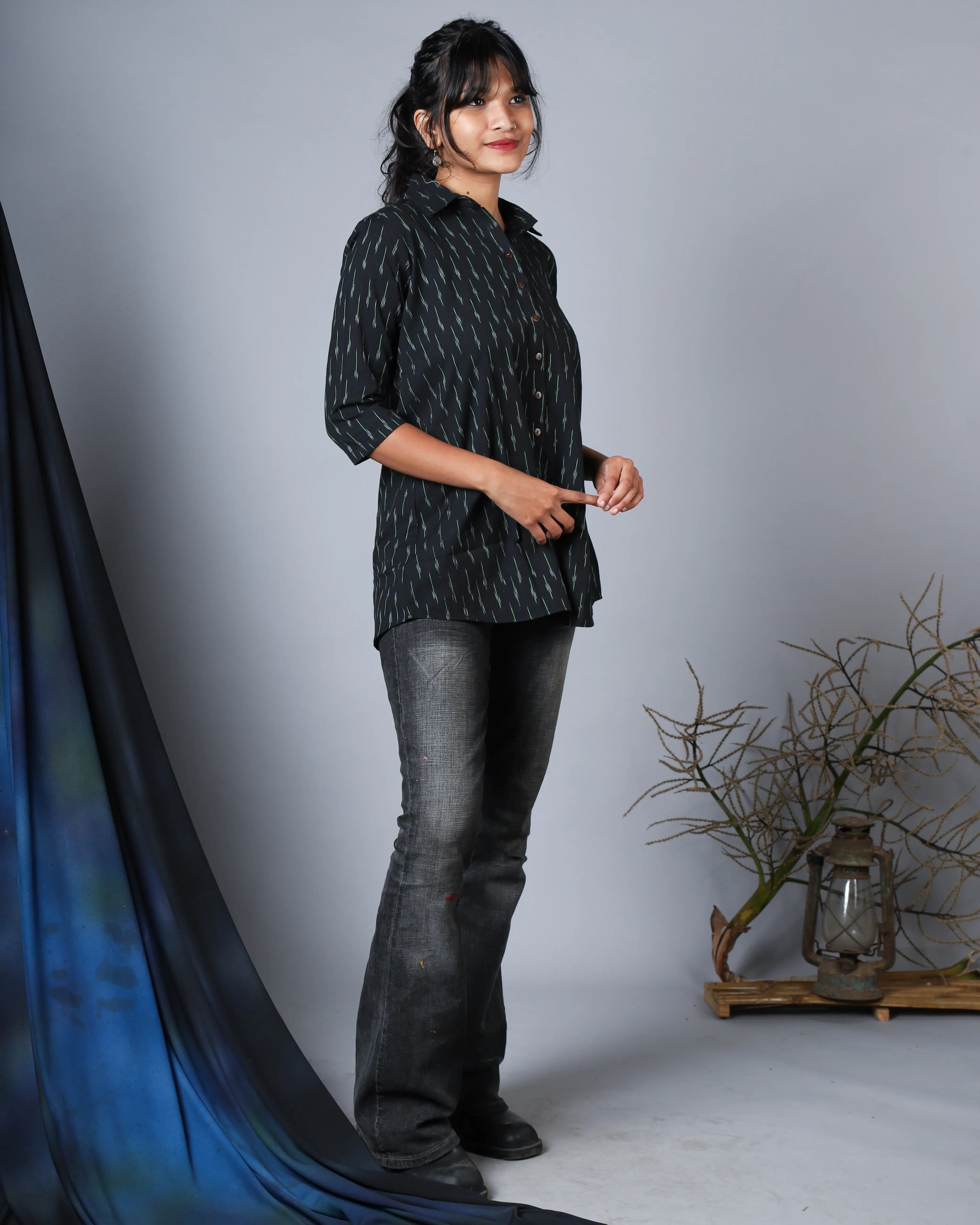 Katun Naina Collection - Ikkat Fabric with Shirt Collar & Front Opening