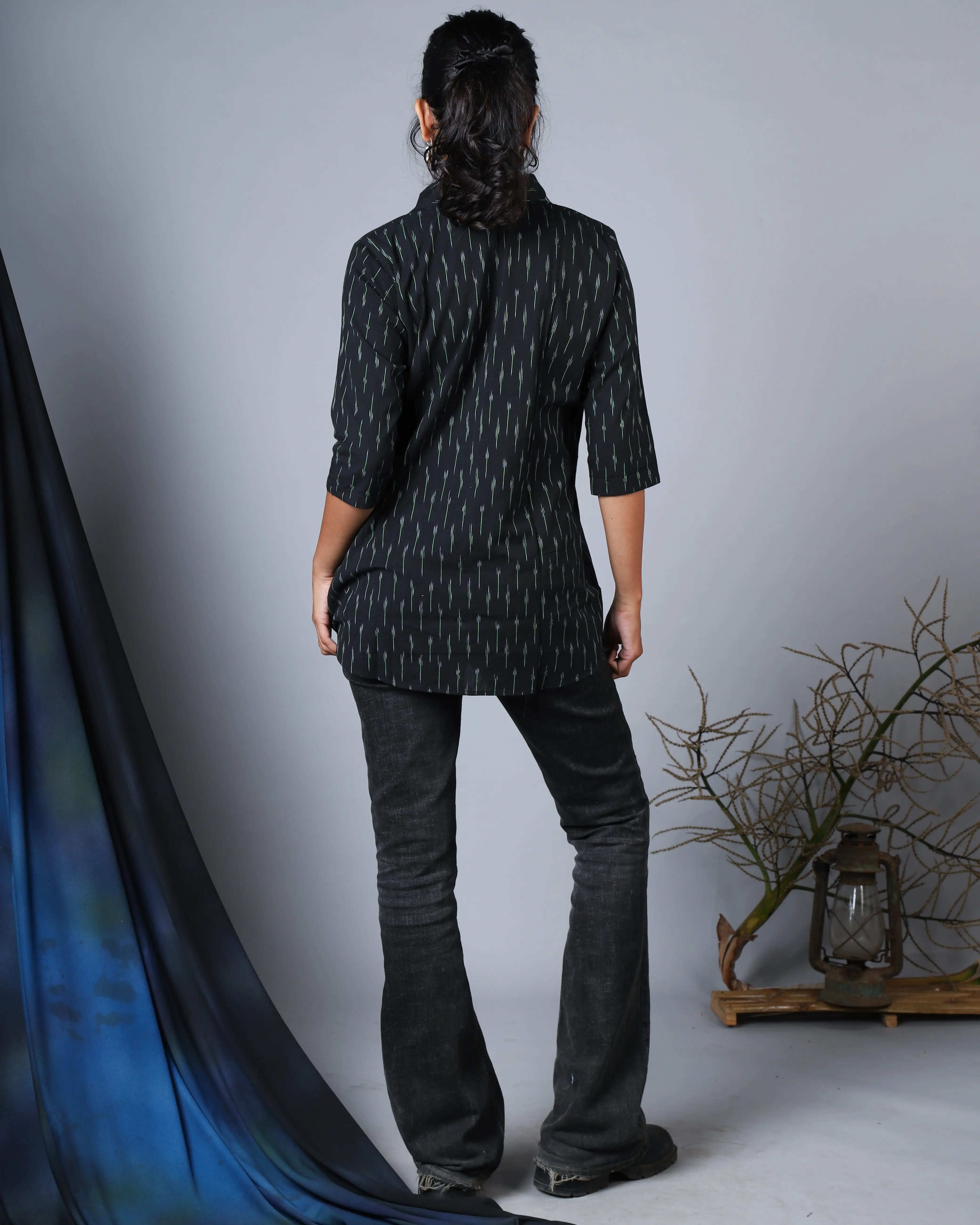 Katun Naina Collection - Ikkat Fabric with Shirt Collar & Front Opening
