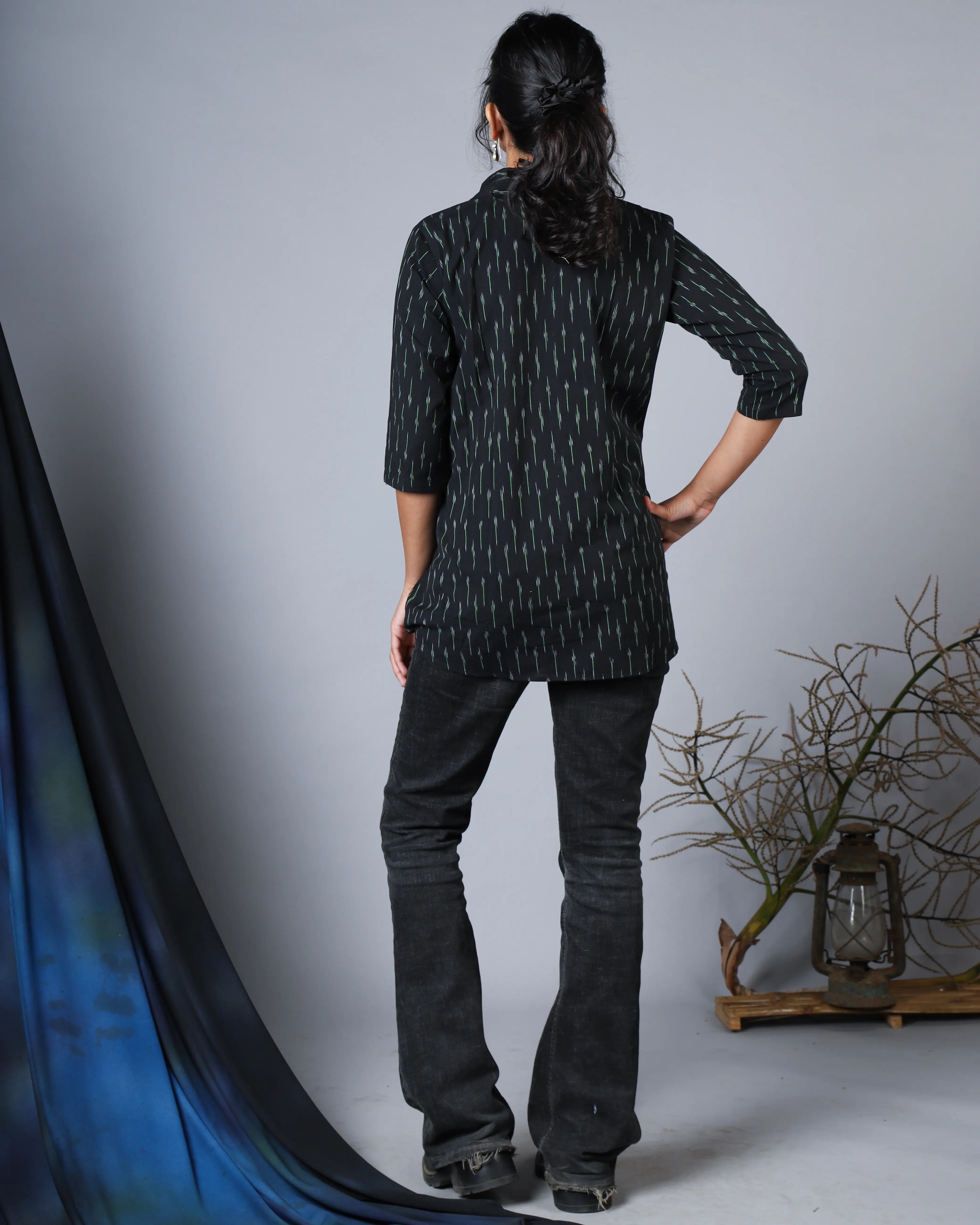 Katun Naina Collection - Ikkat Fabric with Shirt Collar & Front Opening