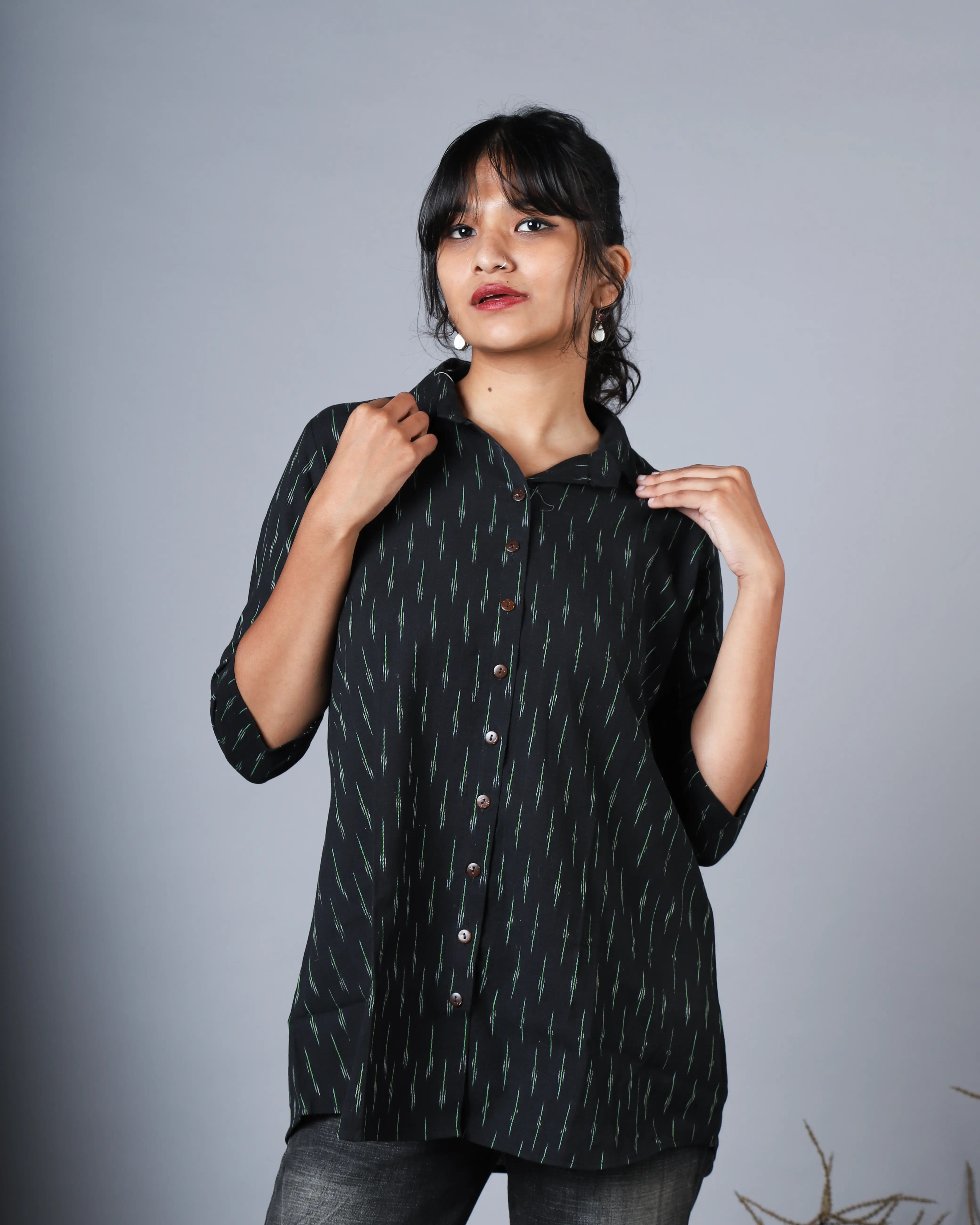 Katun Naina Collection - Ikkat Fabric with Shirt Collar & Front Opening