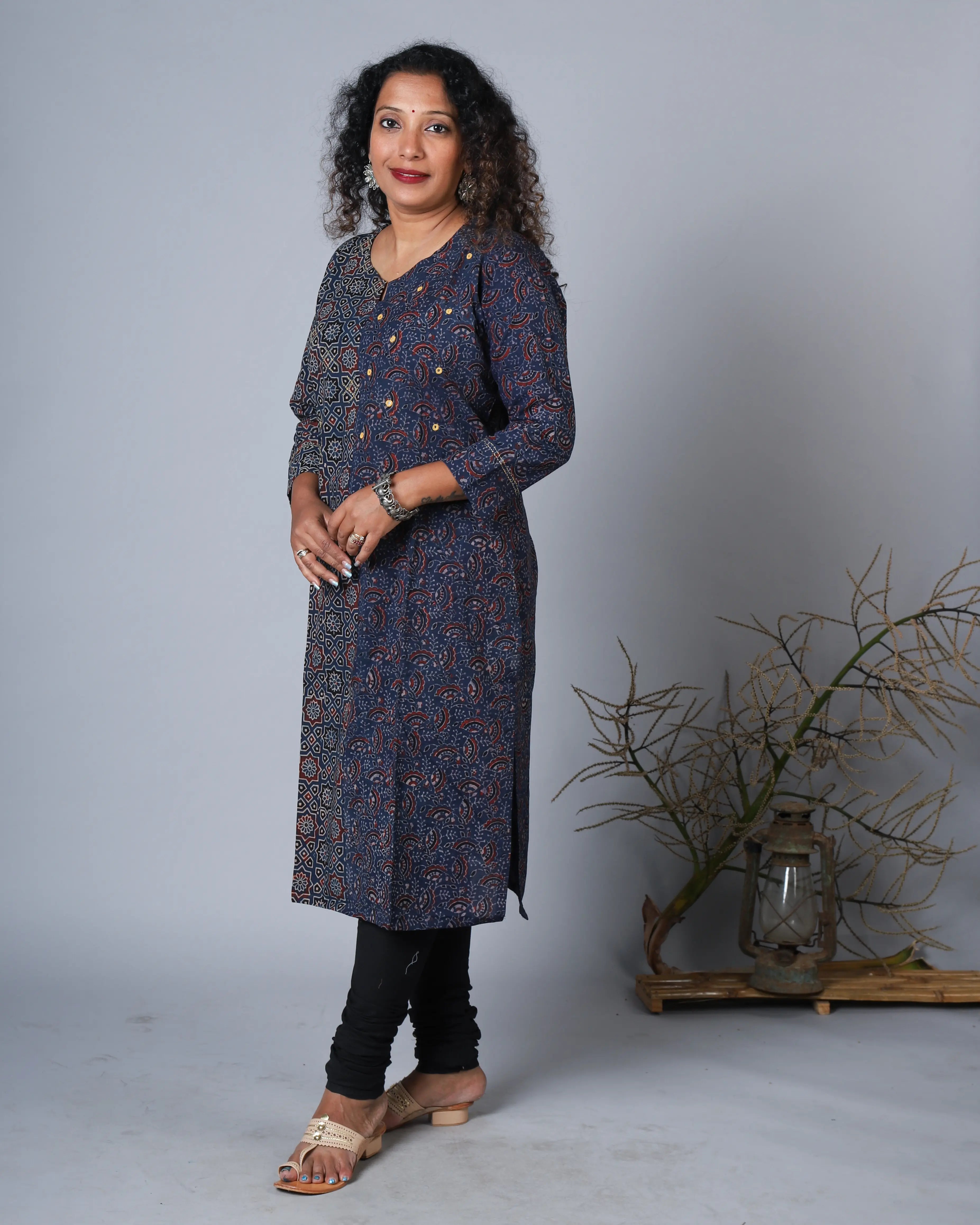 Katun Sumati Collection - Ajrakh Print Long-Length Cotton Kurta with Aabla & Kantha Work