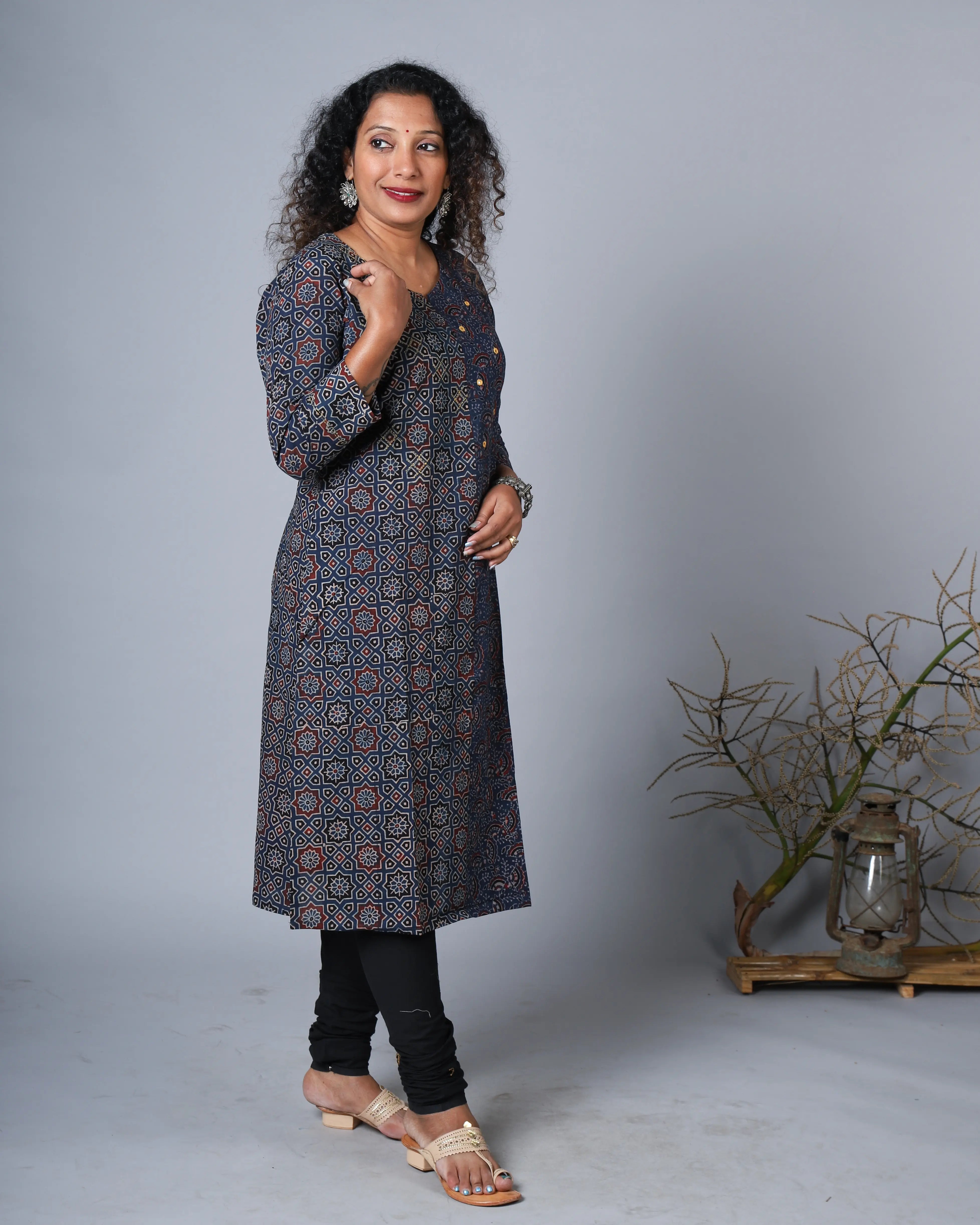Katun Sumati Collection - Ajrakh Print Long-Length Cotton Kurta with Aabla & Kantha Work